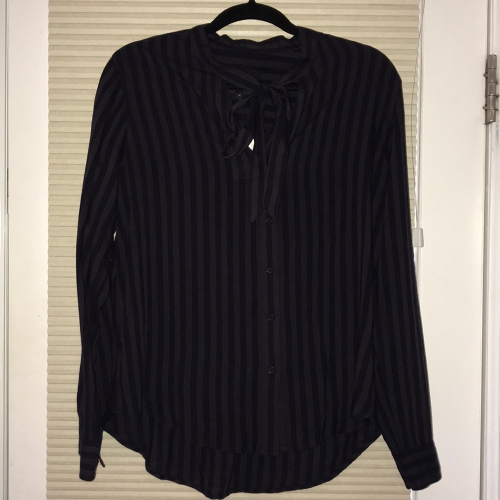 Rails Tie neck long sleeve top in charcoal stripes